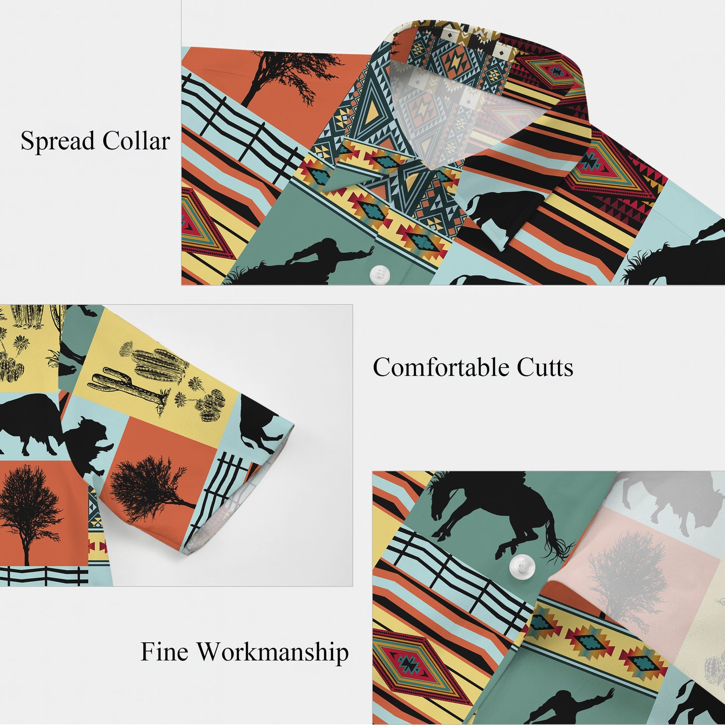 Western Cowboy Buffalo Bison & Southwest Aztec Tribal Pattern Hawaiian Shirt Men
