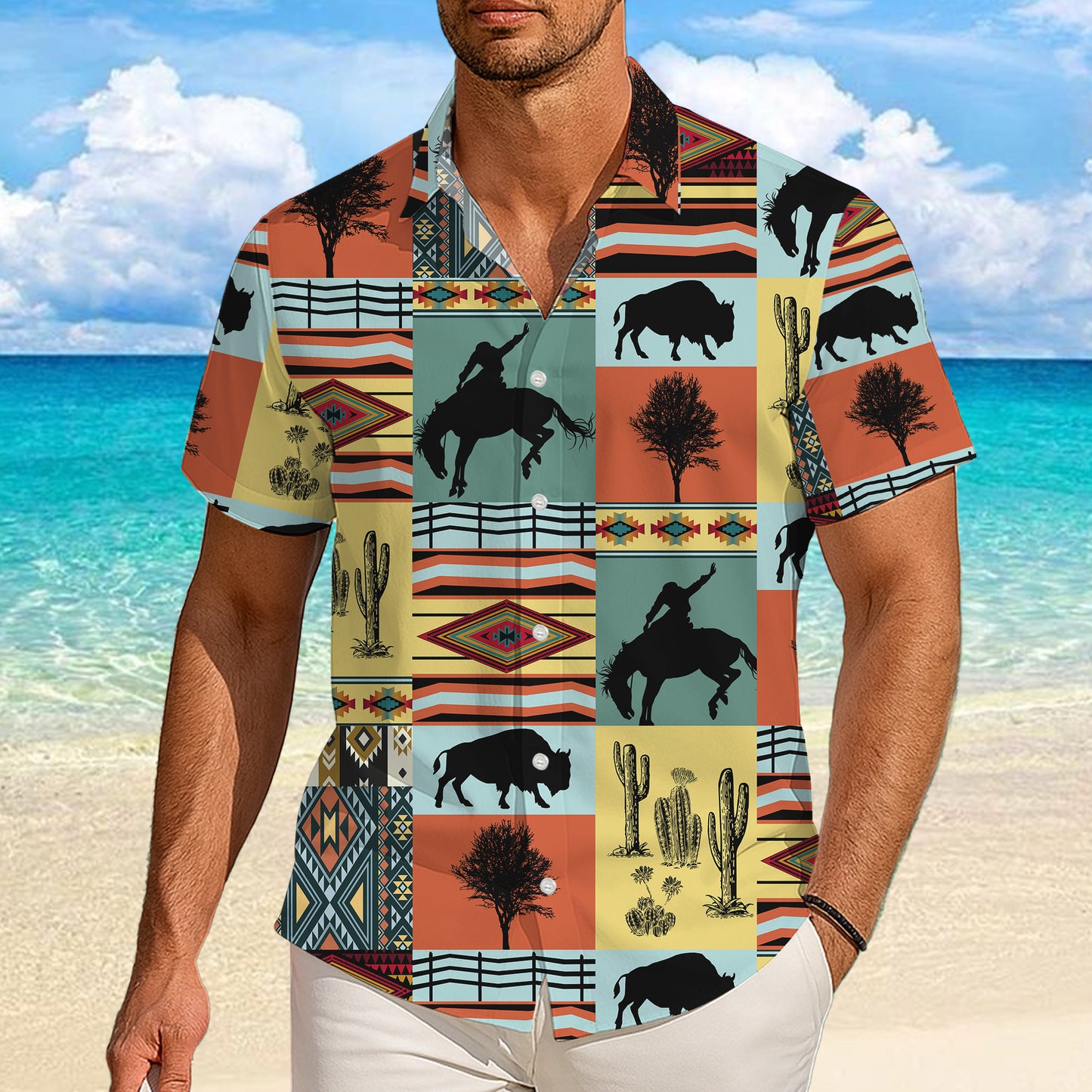 Western Cowboy Buffalo Bison & Southwest Aztec Tribal Pattern Hawaiian Shirt Men