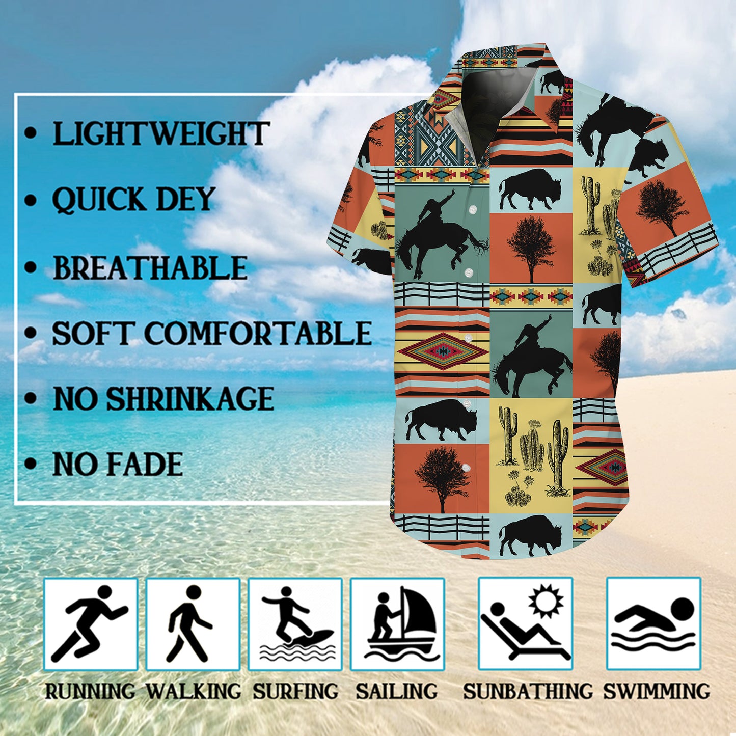 Western Cowboy Buffalo Bison & Southwest Aztec Tribal Pattern Hawaiian Shirt Men