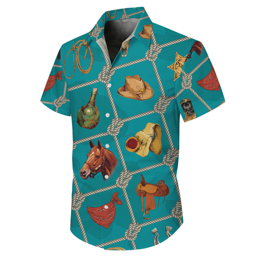 Western Cowboy Equipment Rope Hat Saddle Horseshoe Pattern Hawaiian Shirt Men Women