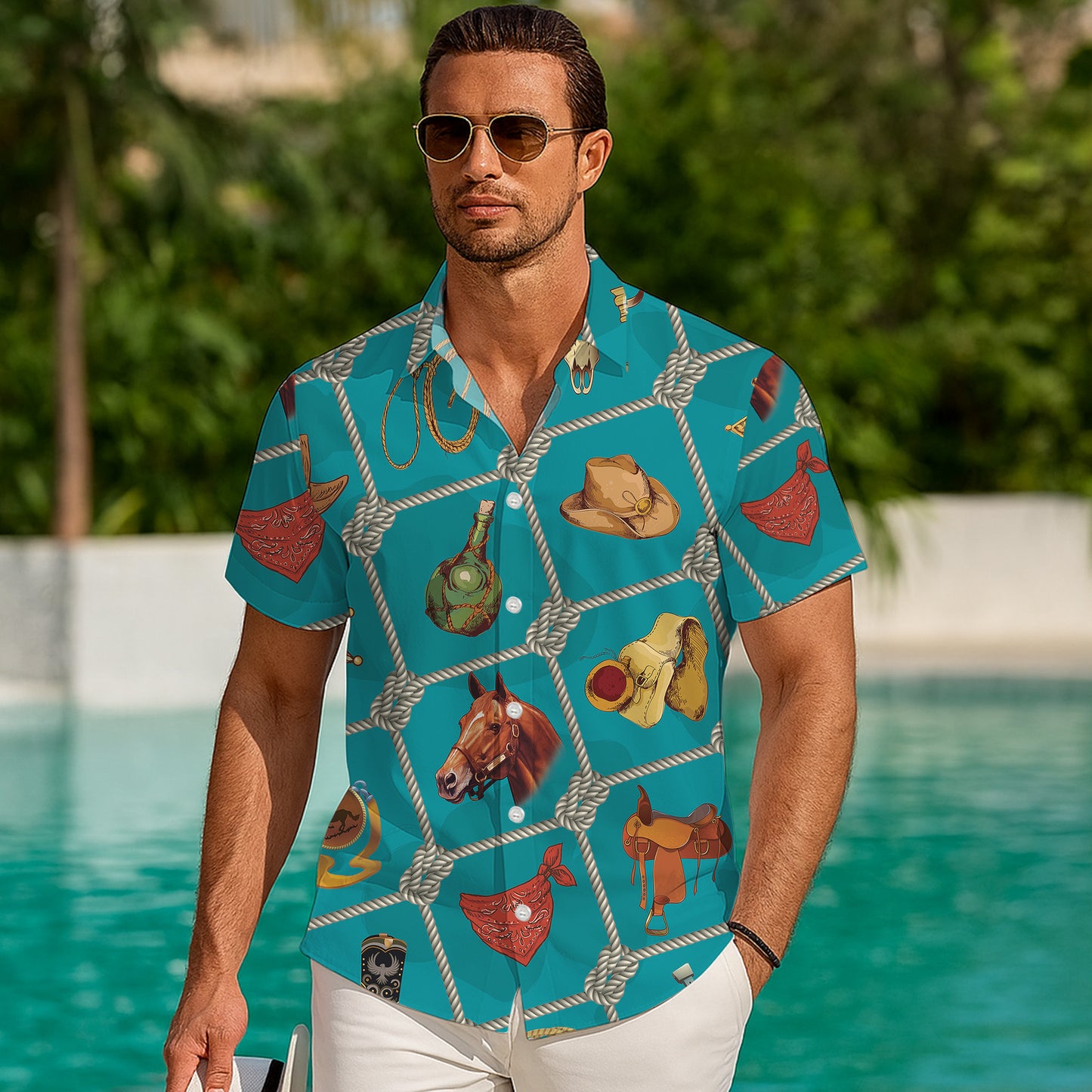 Western Cowboy Equipment Rope Hat Saddle Horseshoe Pattern Hawaiian Shirt Men Women