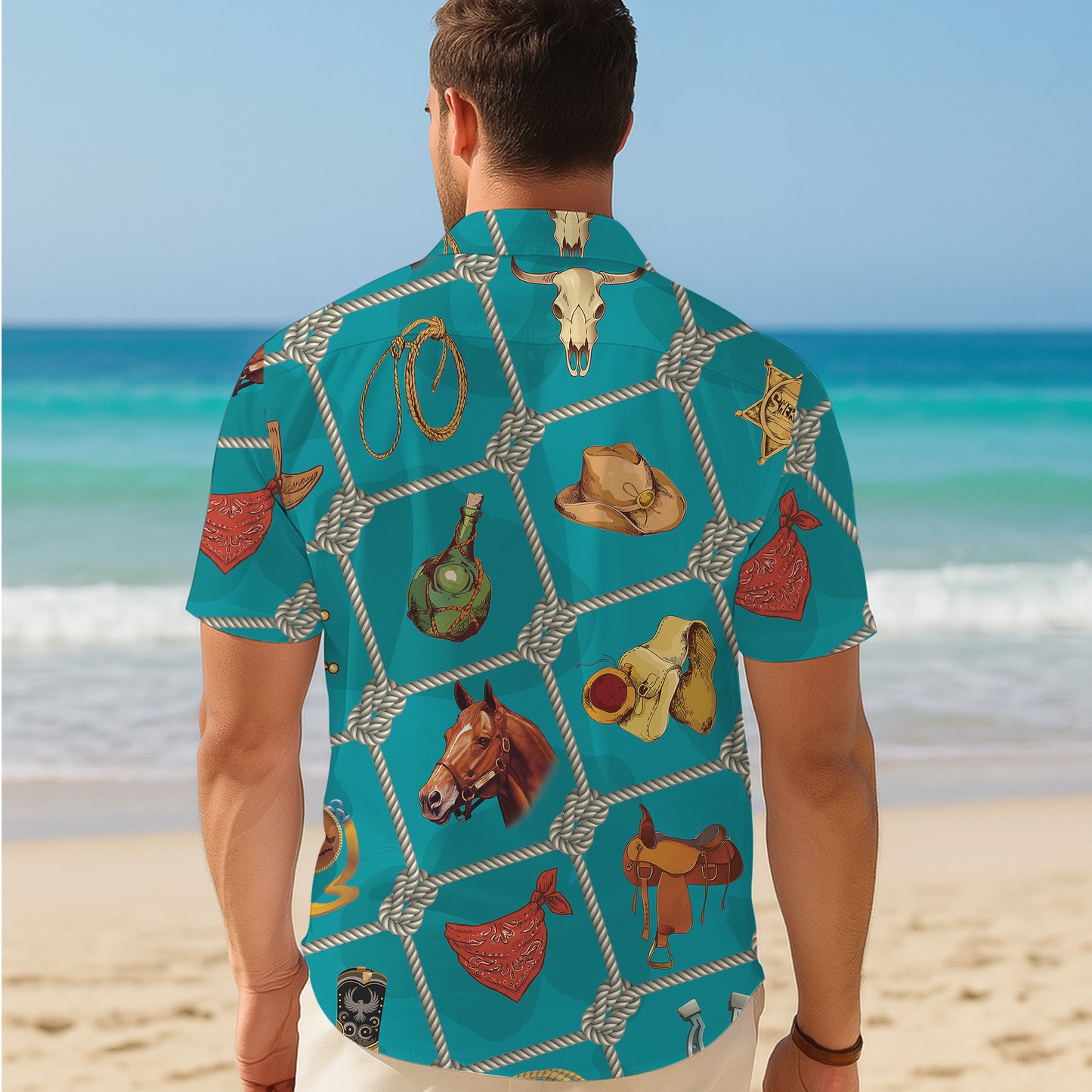 Western Cowboy Equipment Rope Hat Saddle Horseshoe Pattern Hawaiian Shirt Men Women