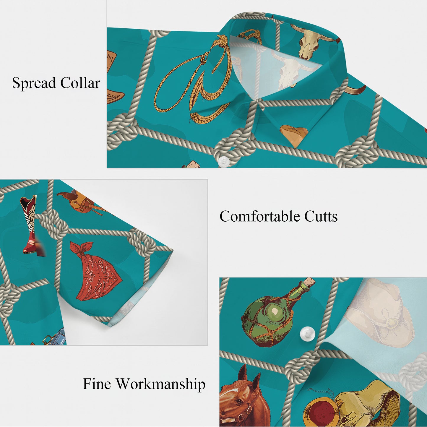 Western Cowboy Equipment Rope Hat Saddle Horseshoe Pattern Hawaiian Shirt Men Women