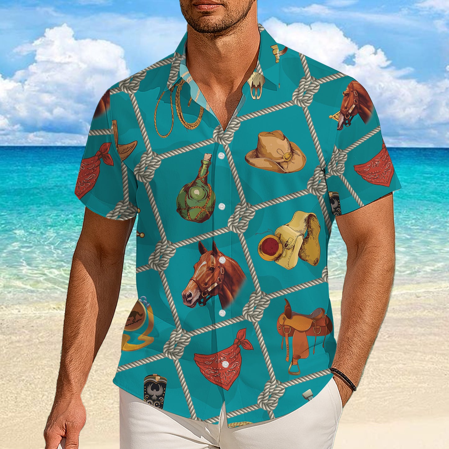 Western Cowboy Equipment Rope Hat Saddle Horseshoe Pattern Hawaiian Shirt Men Women