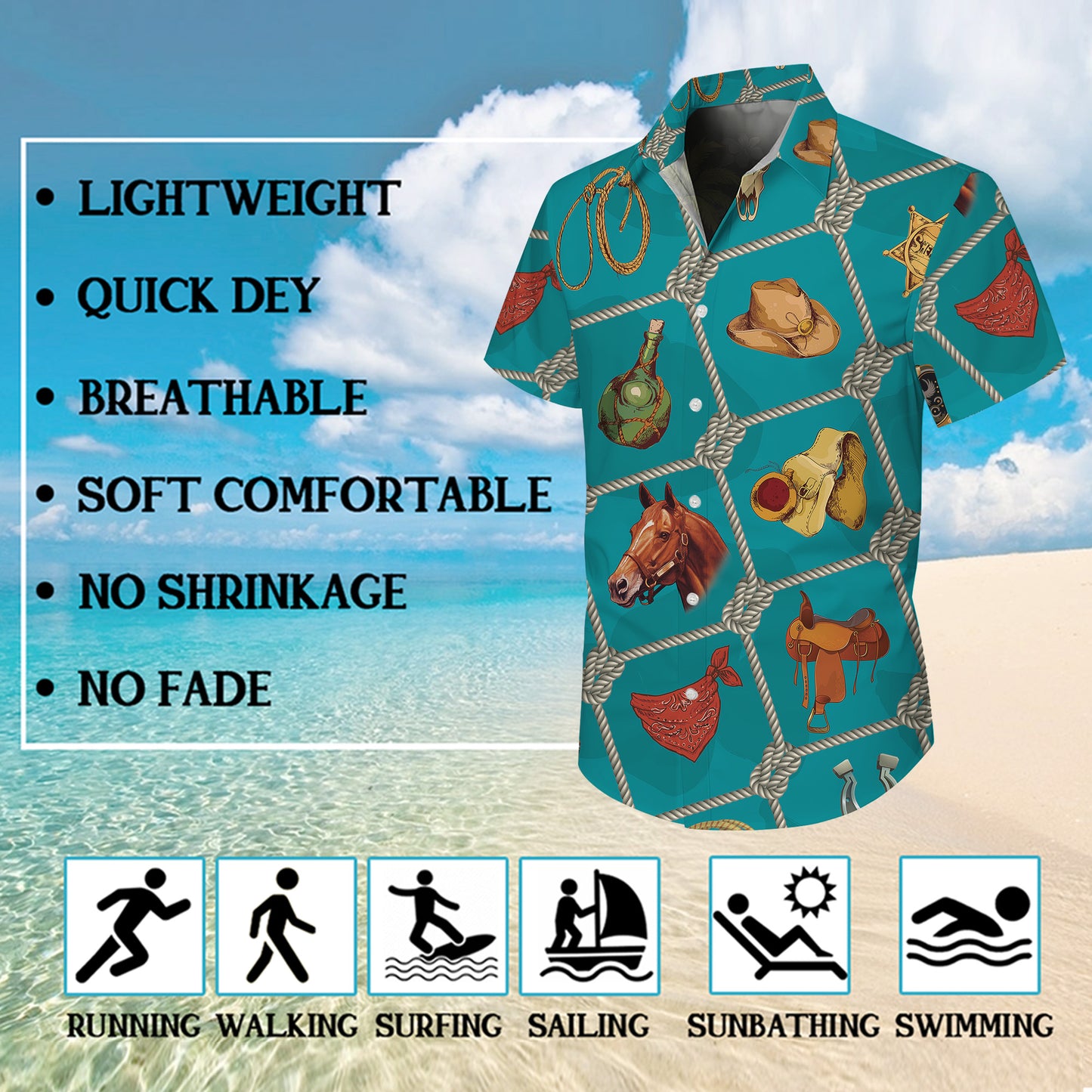Western Cowboy Equipment Rope Hat Saddle Horseshoe Pattern Hawaiian Shirt Men Women