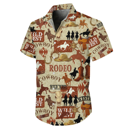 Wild West Cowboy Rodeo Badge Horseshoe Hat Patchwork Pattern Hawaiian Shirt Men