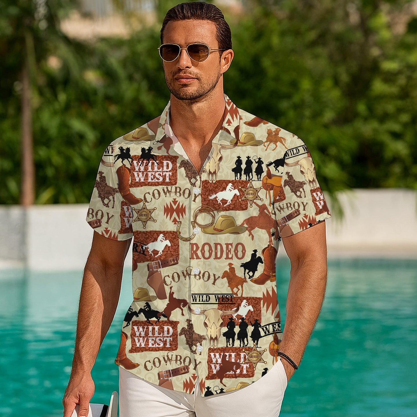 Wild West Cowboy Rodeo Badge Horseshoe Hat Patchwork Pattern Hawaiian Shirt Men