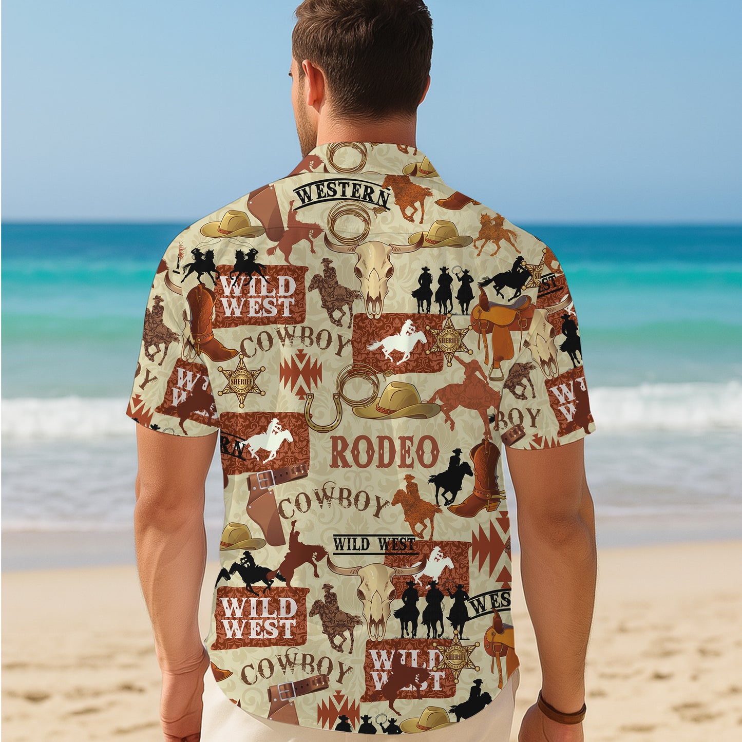 Wild West Cowboy Rodeo Badge Horseshoe Hat Patchwork Pattern Hawaiian Shirt Men
