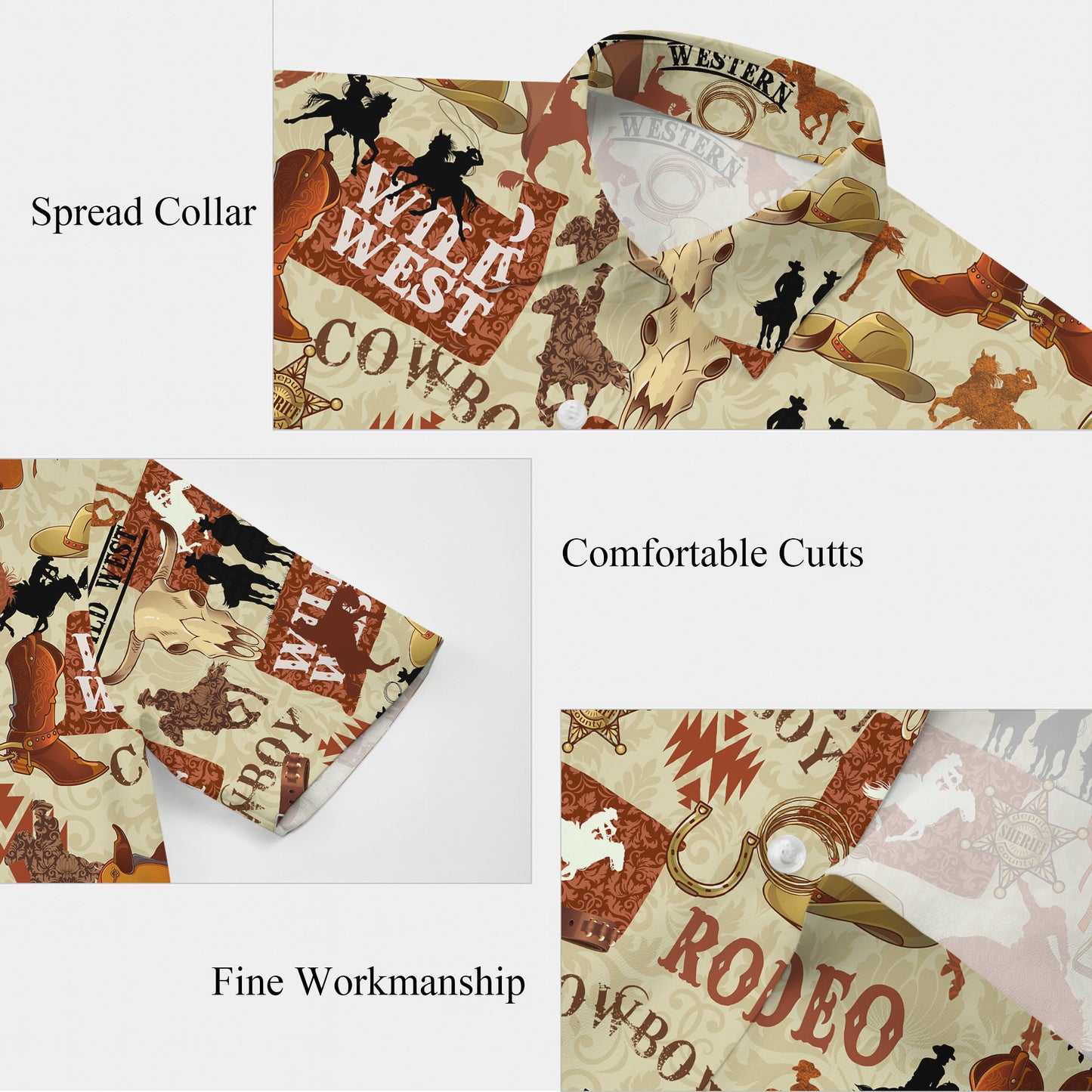 Wild West Cowboy Rodeo Badge Horseshoe Hat Patchwork Pattern Hawaiian Shirt Men