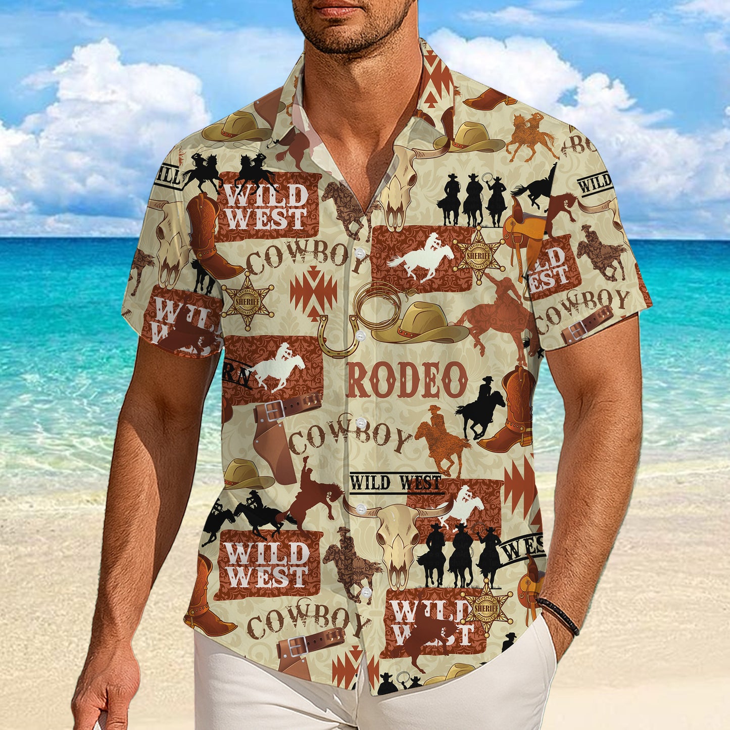 Wild West Cowboy Rodeo Badge Horseshoe Hat Patchwork Pattern Hawaiian Shirt Men