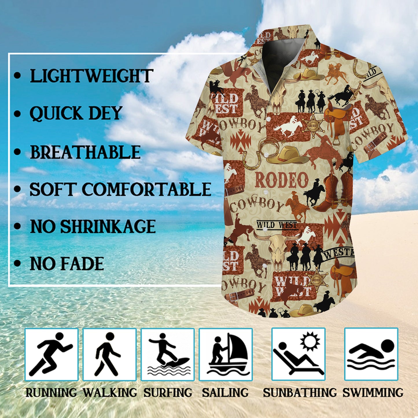 Wild West Cowboy Rodeo Badge Horseshoe Hat Patchwork Pattern Hawaiian Shirt Men