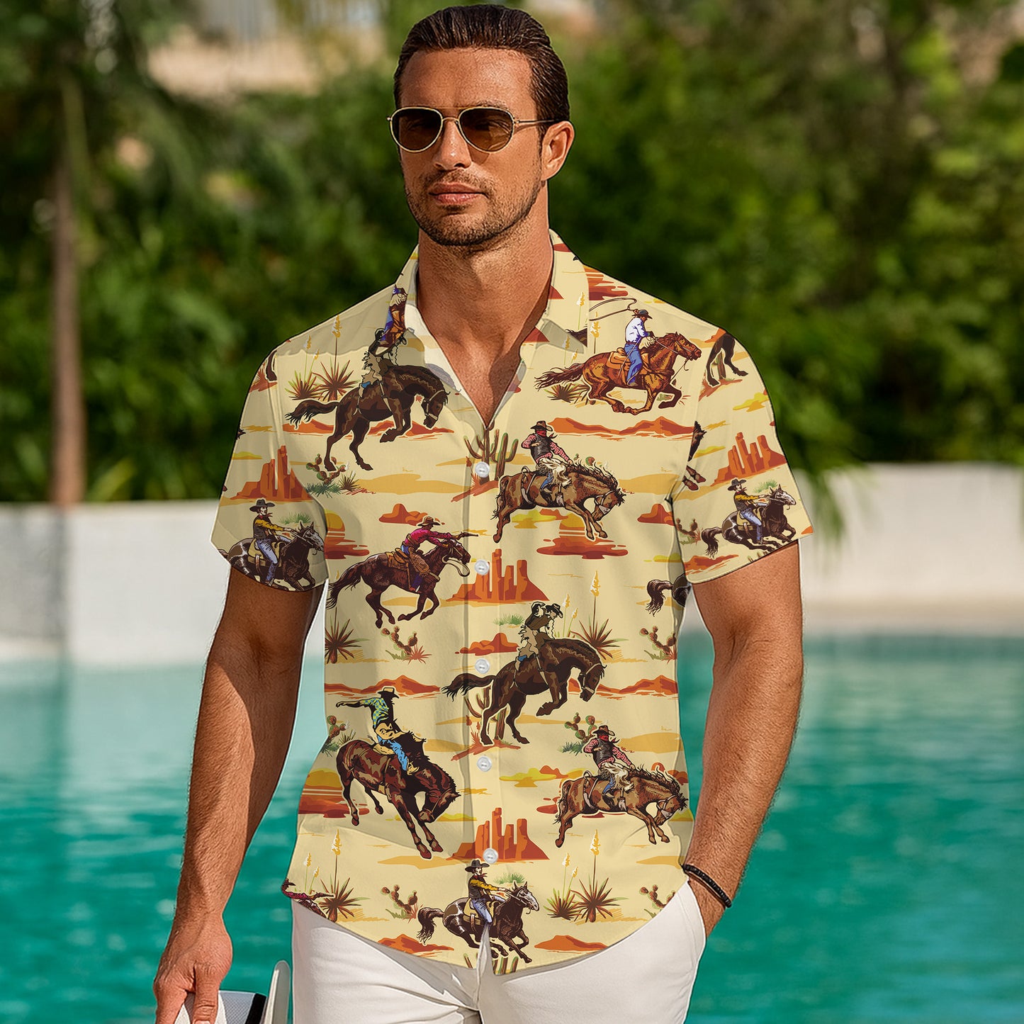 Western Cowboy Rodeo Horse Desert Landscape Pattern Hawaiian Shirt Men Women