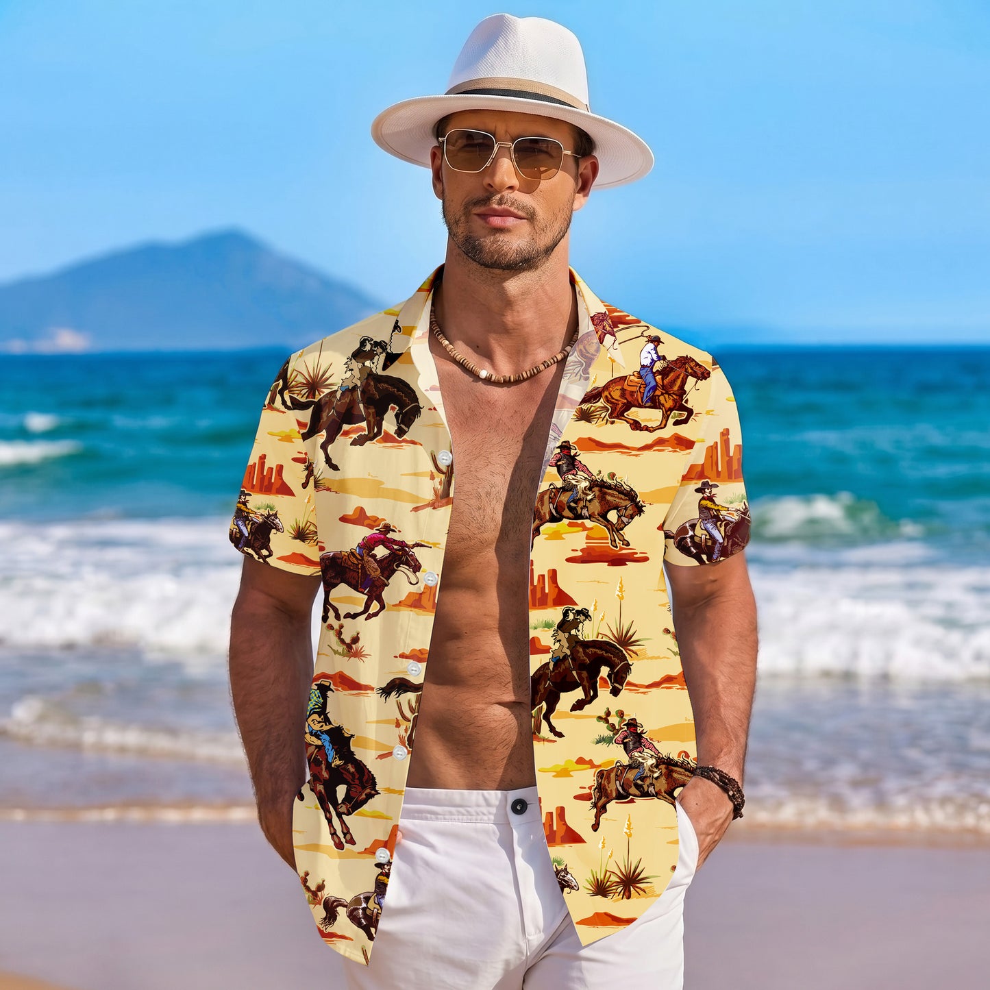 Western Cowboy Rodeo Horse Desert Landscape Pattern Hawaiian Shirt Men Women