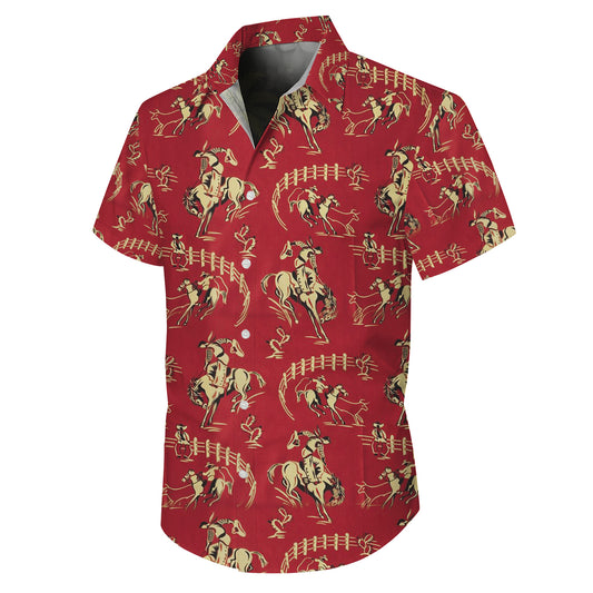 Red Vintage Western Cowboy Rodeo Horse Pattern Hawaiian Shirt Men Women Aloha