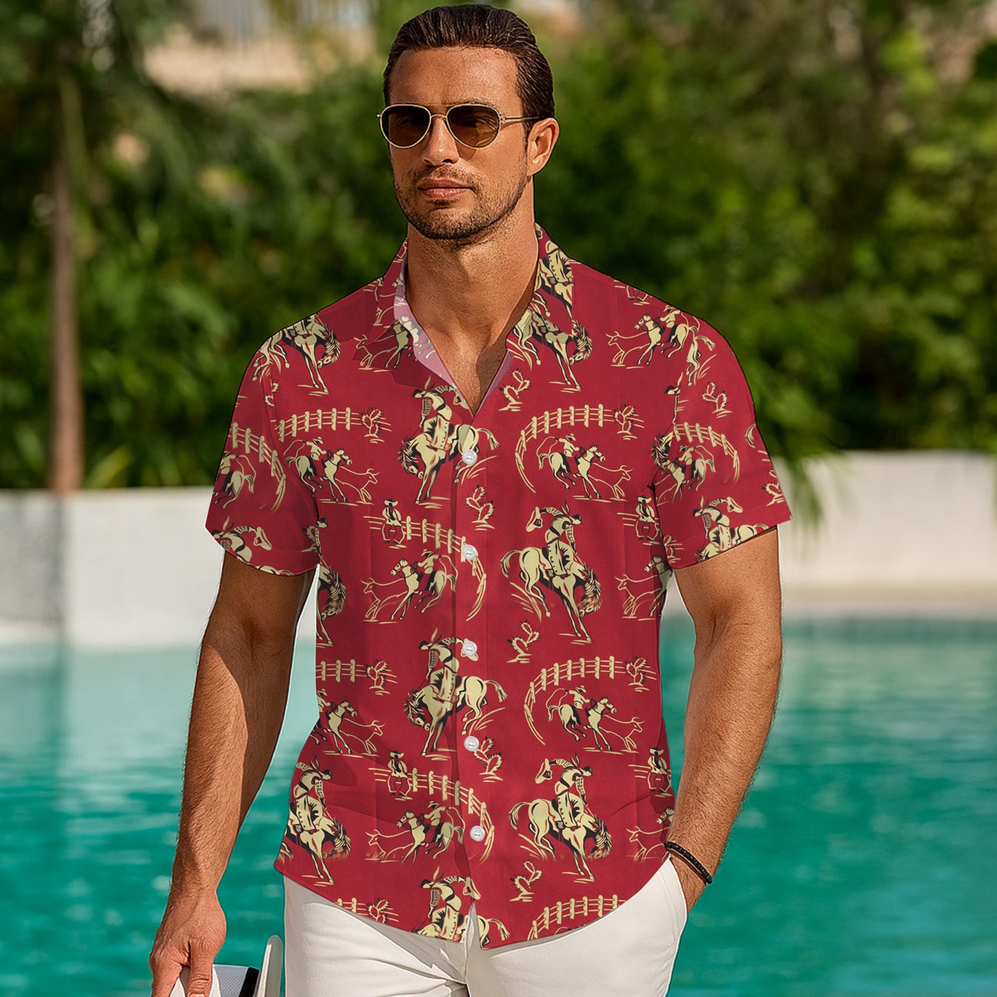 Red Vintage Western Cowboy Rodeo Horse Pattern Hawaiian Shirt Men Women Aloha