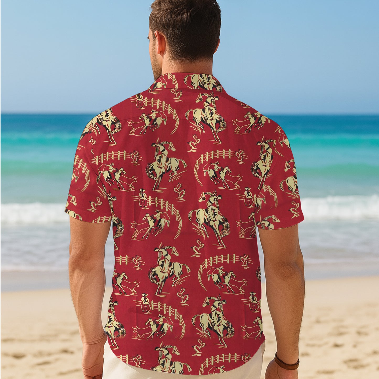 Red Vintage Western Cowboy Rodeo Horse Pattern Hawaiian Shirt Men Women Aloha