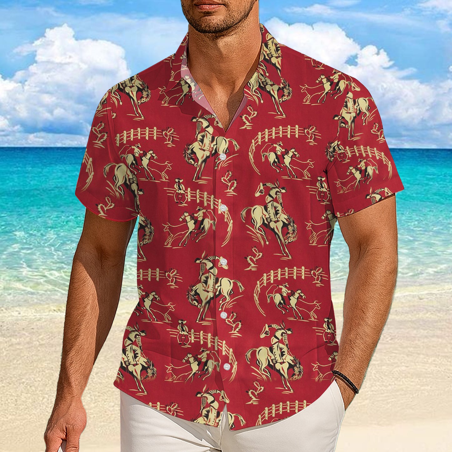 Red Vintage Western Cowboy Rodeo Horse Pattern Hawaiian Shirt Men Women Aloha