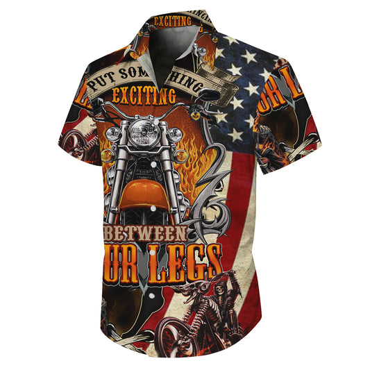 Biker Motorcycle American Flag Fire Pattern Hawaiian Shirt Men Women Casual Aloha