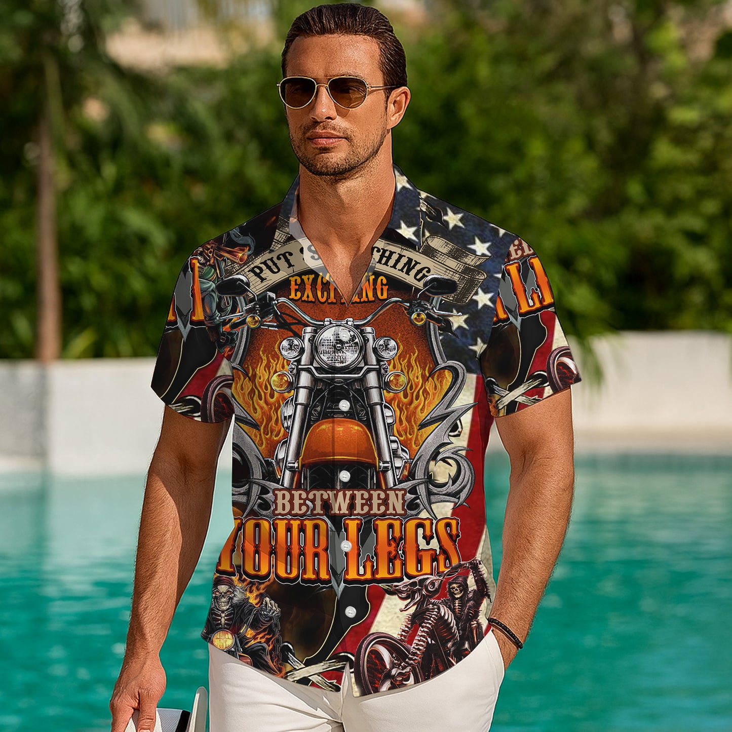 Biker Motorcycle American Flag Fire Pattern Hawaiian Shirt Men Women Casual Aloha