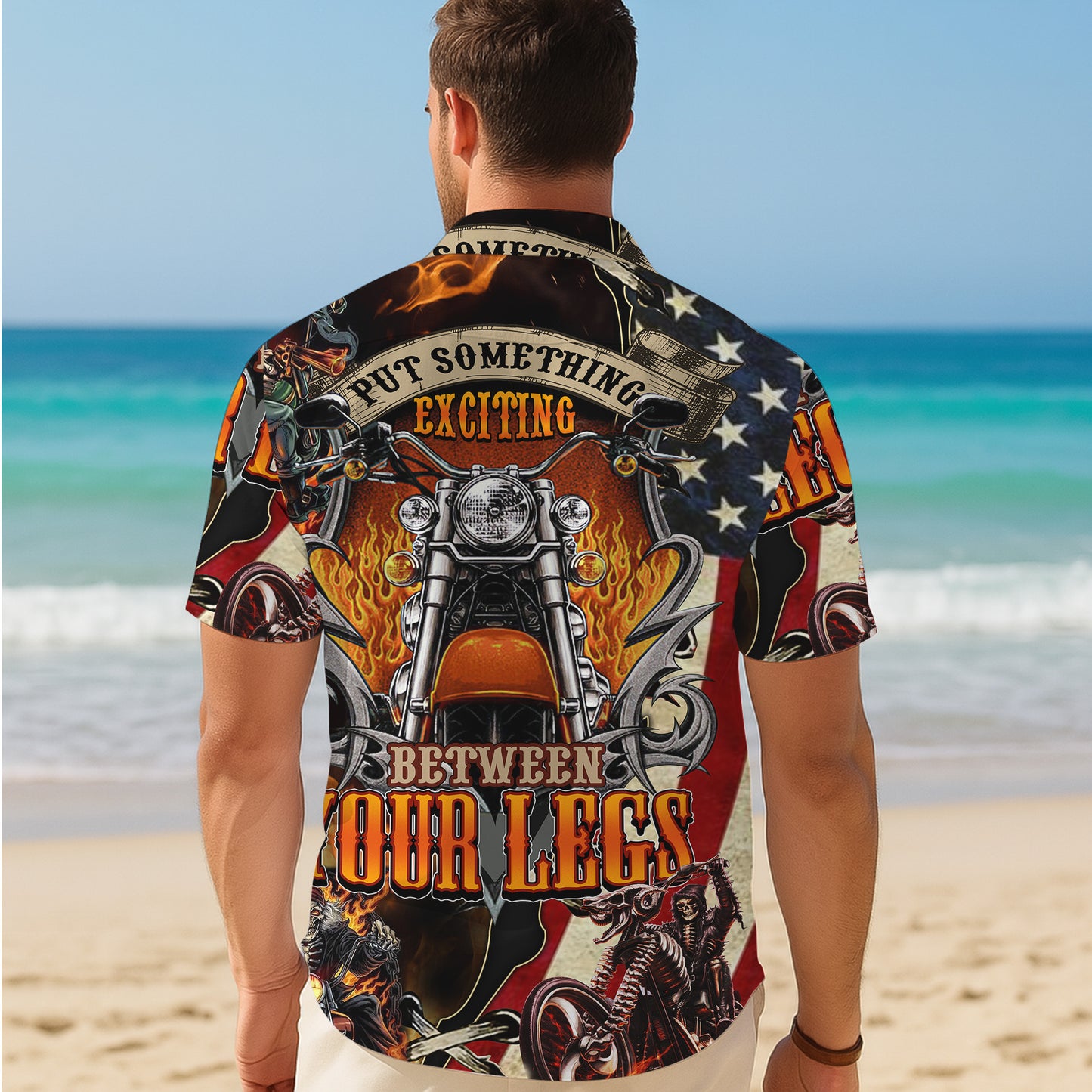 Biker Motorcycle American Flag Fire Pattern Hawaiian Shirt Men Women Casual Aloha