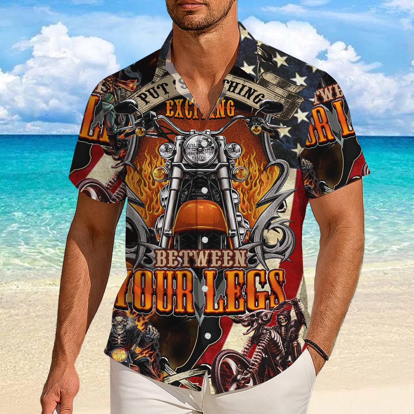 Biker Motorcycle American Flag Fire Pattern Hawaiian Shirt Men Women Casual Aloha