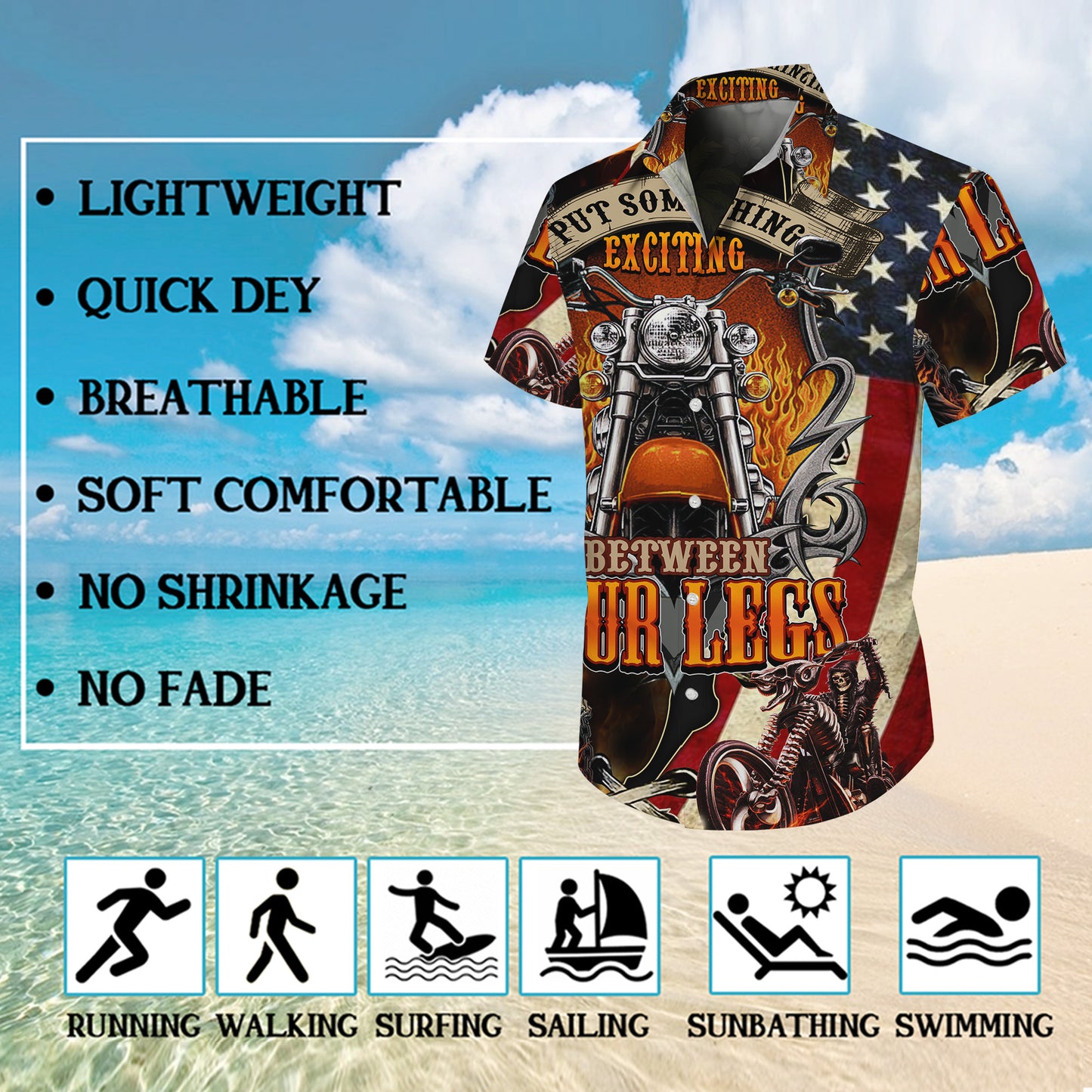 Biker Motorcycle American Flag Fire Pattern Hawaiian Shirt Men Women Casual Aloha