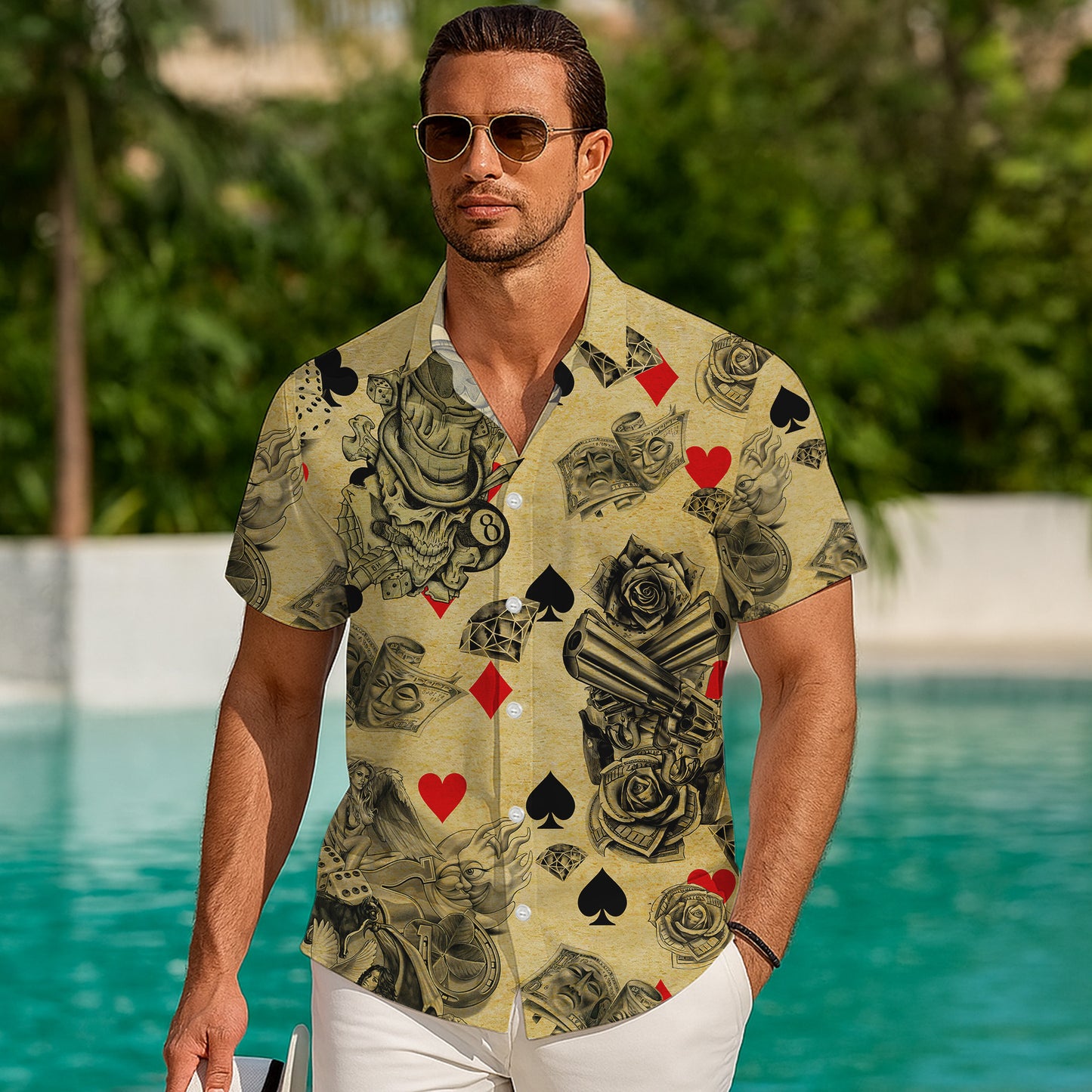 Las Vegas Casino Poker Tattoo Art Pattern Hawaiian Shirt Men Women Casual Aloha