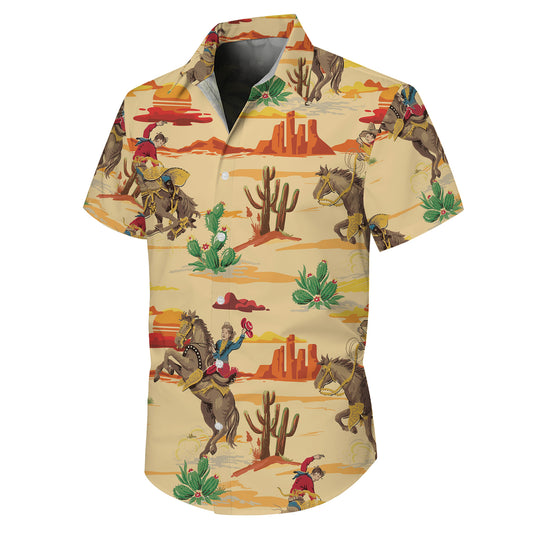 Vintage Western Cowboy Desert Landscape Rodeo Pattern Hawaiian Shirt Men Women