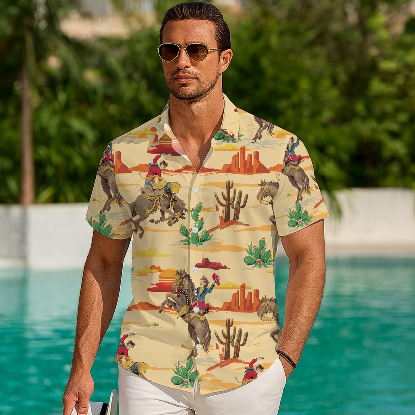 Vintage Western Cowboy Desert Landscape Rodeo Pattern Hawaiian Shirt Men Women