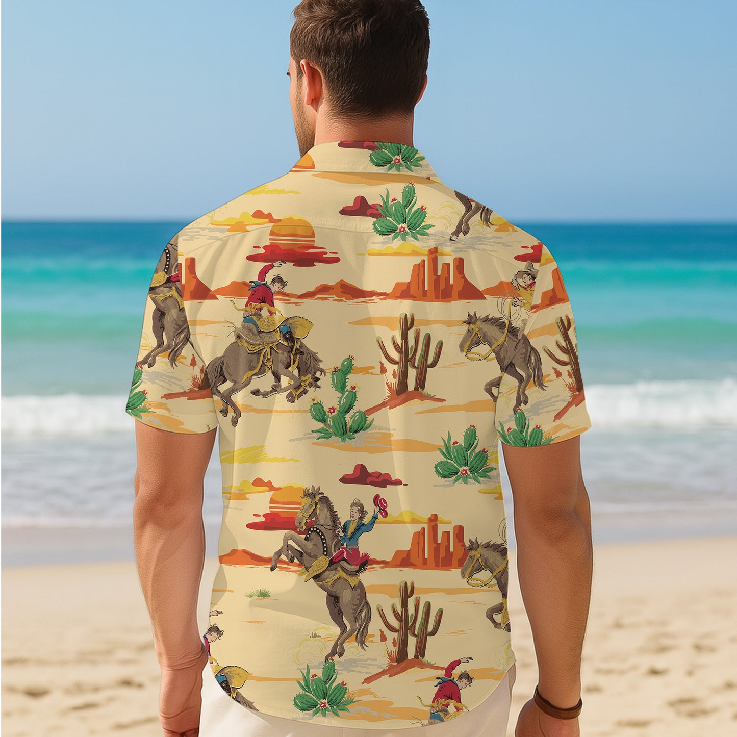 Vintage Western Cowboy Desert Landscape Rodeo Pattern Hawaiian Shirt Men Women