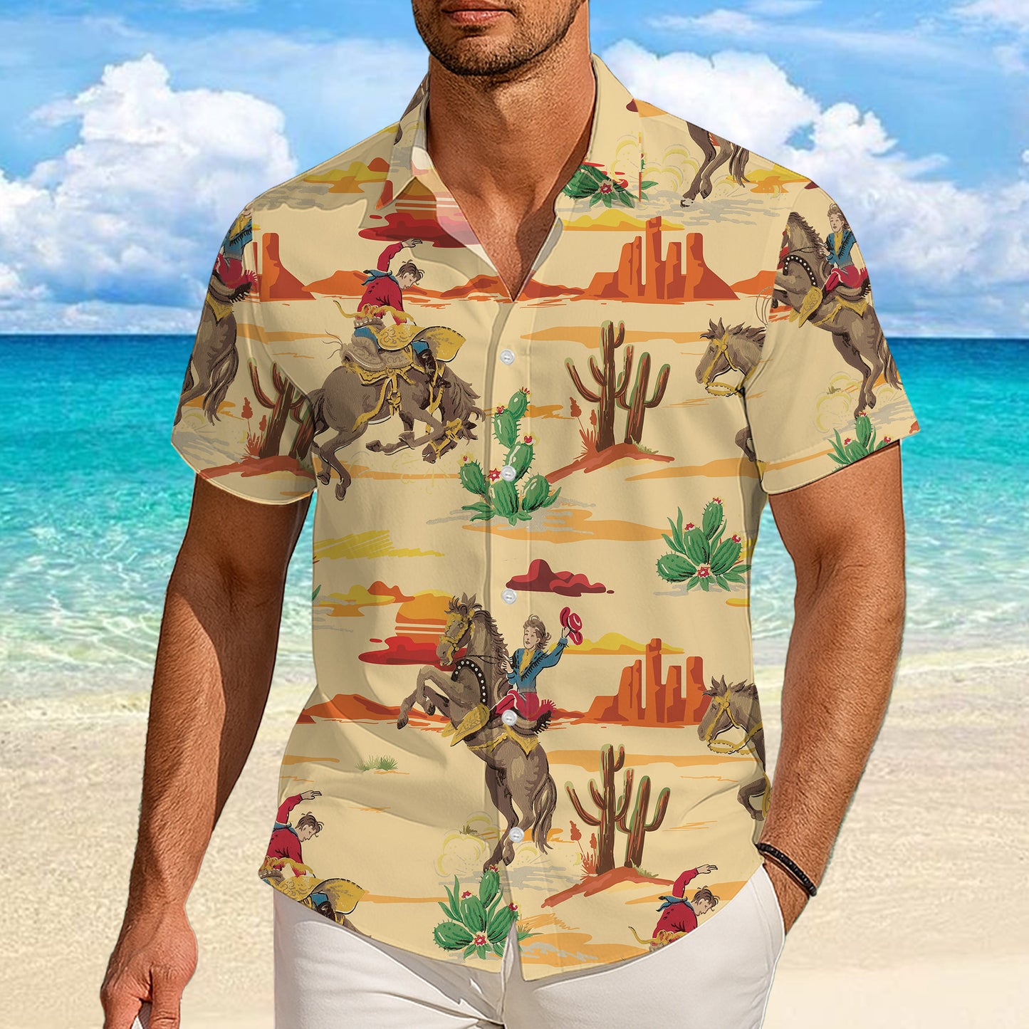 Vintage Western Cowboy Desert Landscape Rodeo Pattern Hawaiian Shirt Men Women