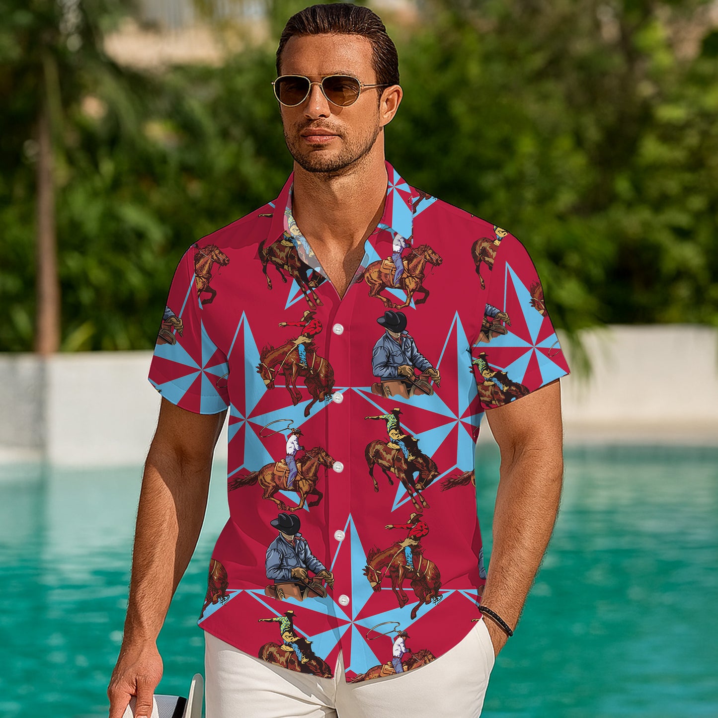 Western Cowboy Rodeo Horse & Star Pattern Hawaiian Shirt Men Women Casual Aloha