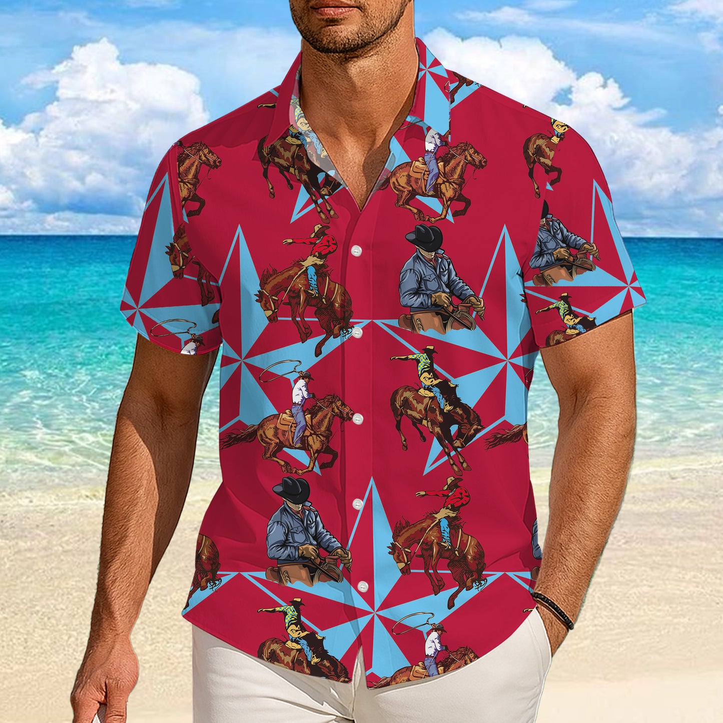 Western Cowboy Rodeo Horse & Star Pattern Hawaiian Shirt Men Women Casual Aloha