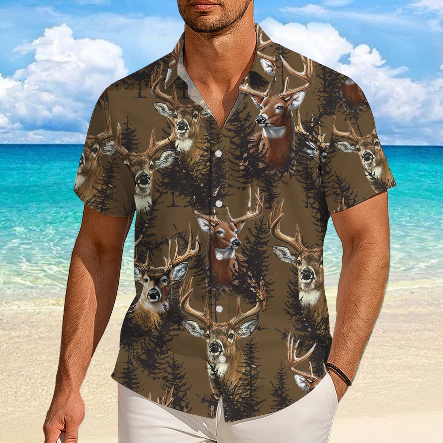 Vintage Deer & Forest Pattern Hawaiian Shirt Men Women Casual Outdoor Aloha Shirt