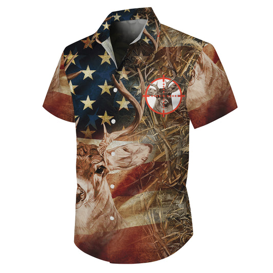 American Flag Deer Hunting Camo Pattern Hawaiian Shirt Men Women Outdoor Aloha
