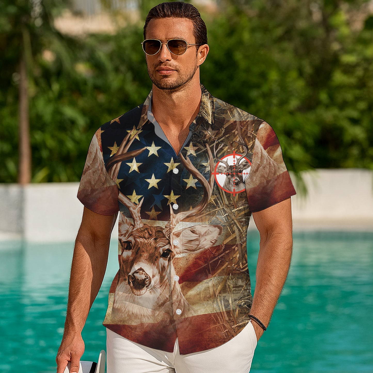American Flag Deer Hunting Camo Pattern Hawaiian Shirt Men Women Outdoor Aloha