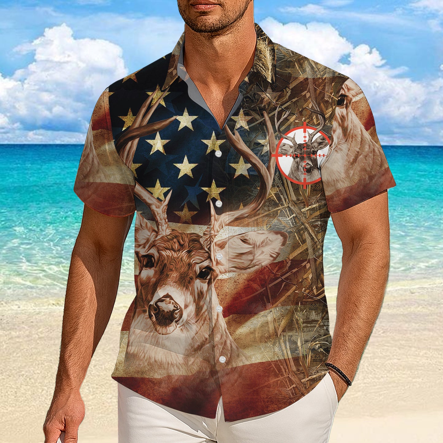 American Flag Deer Hunting Camo Pattern Hawaiian Shirt Men Women Outdoor Aloha