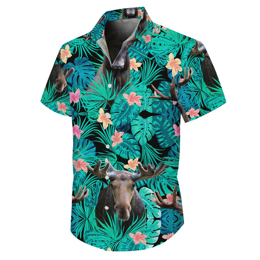 Tropical Moose & Palm Leaves Floral Pattern Hawaiian Shirt Men Women Summer Aloha