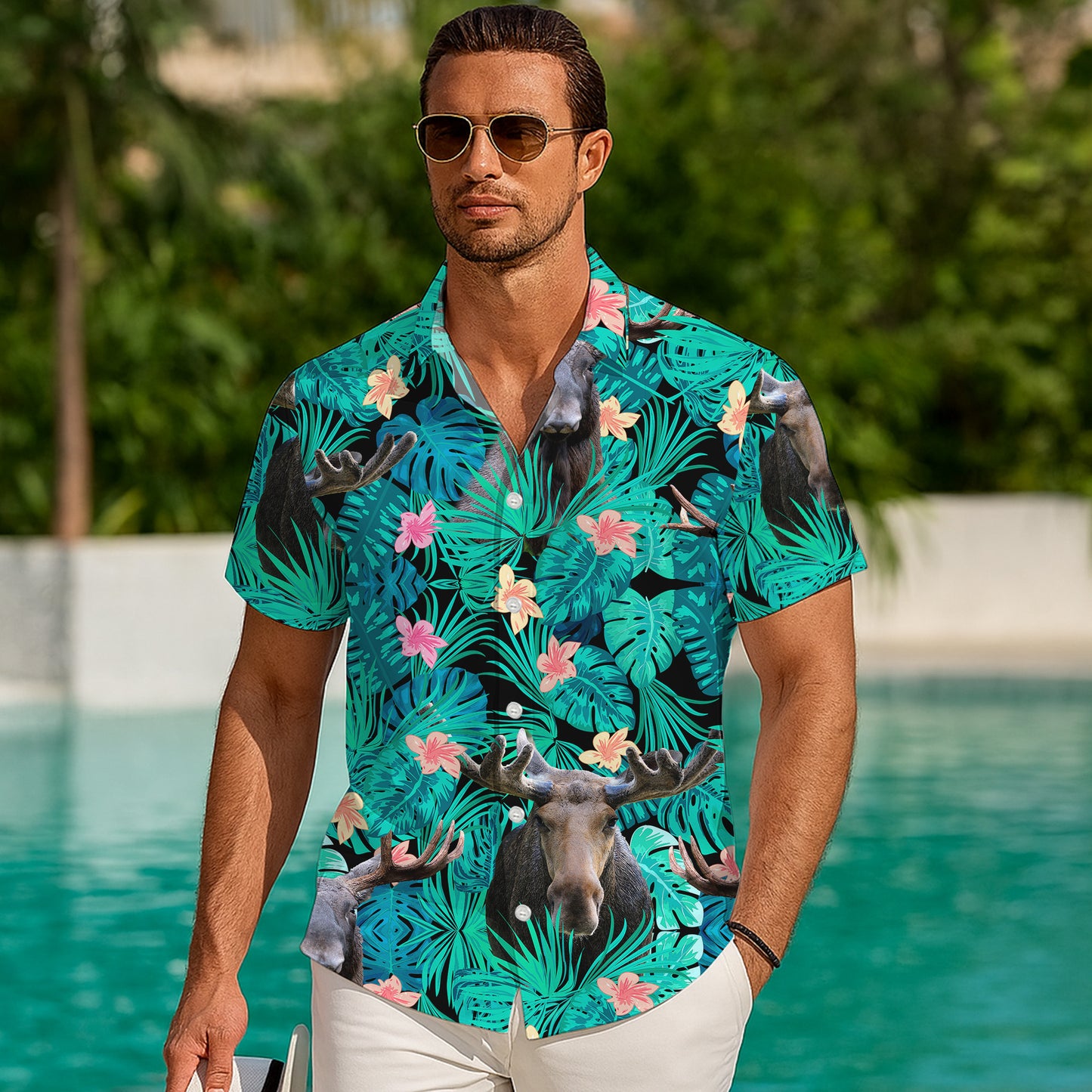Tropical Moose & Palm Leaves Floral Pattern Hawaiian Shirt Men Women Summer Aloha