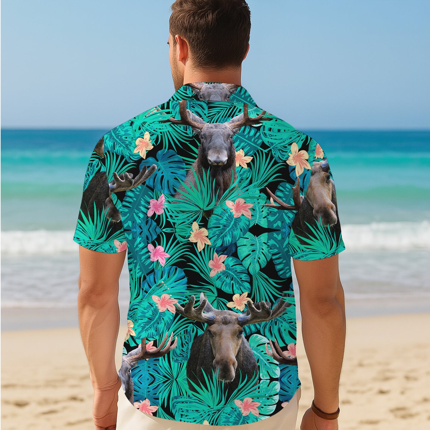 Tropical Moose & Palm Leaves Floral Pattern Hawaiian Shirt Men Women Summer Aloha