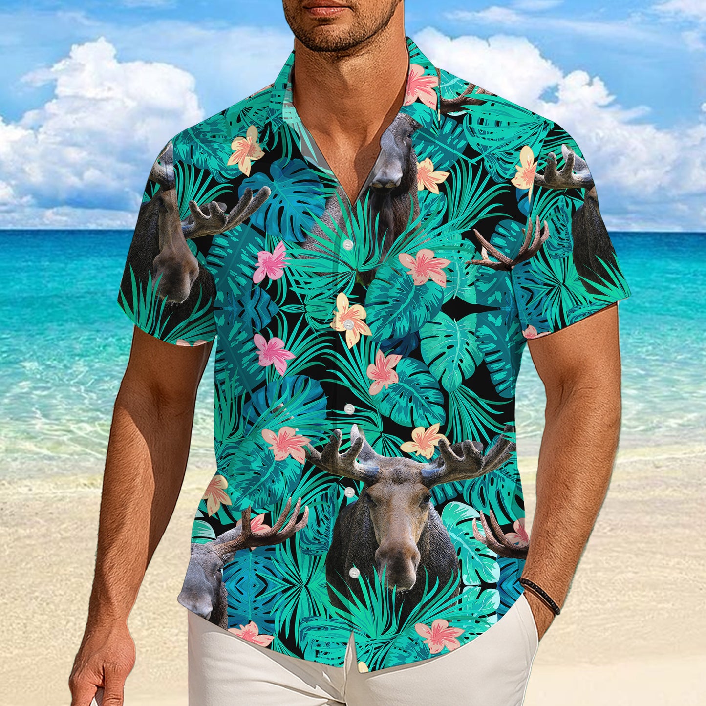 Tropical Moose & Palm Leaves Floral Pattern Hawaiian Shirt Men Women Summer Aloha