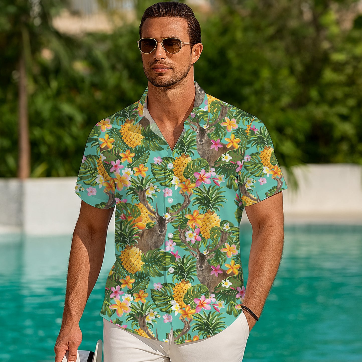 Tropical Deer Pineapple & Palm Leaves Floral Pattern Hawaiian Shirt Men Women