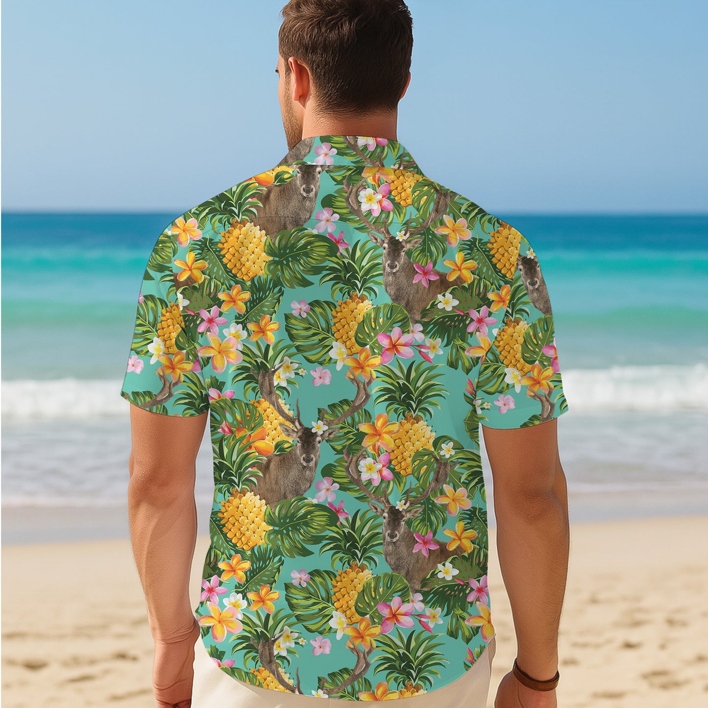 Tropical Deer Pineapple & Palm Leaves Floral Pattern Hawaiian Shirt Men Women