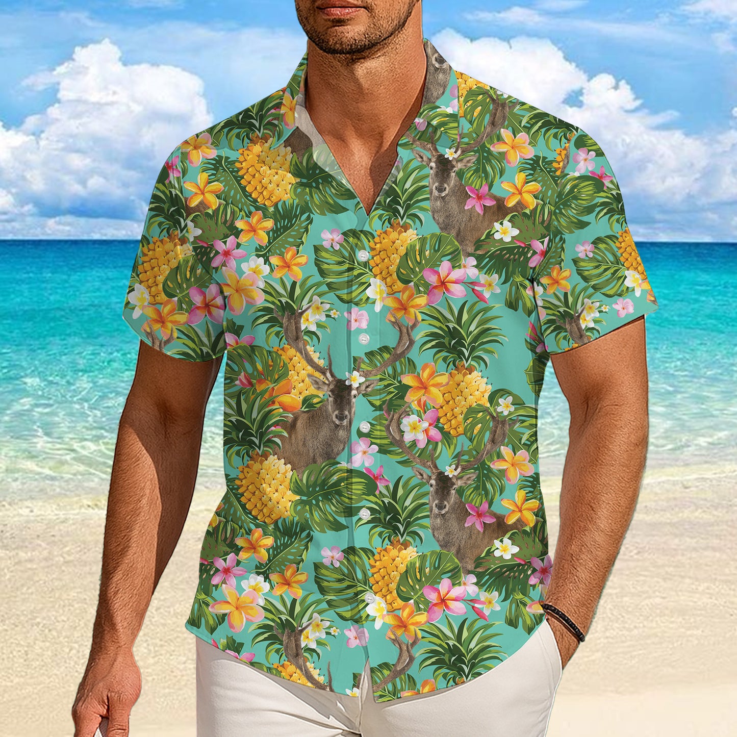 Tropical Deer Pineapple & Palm Leaves Floral Pattern Hawaiian Shirt Men Women