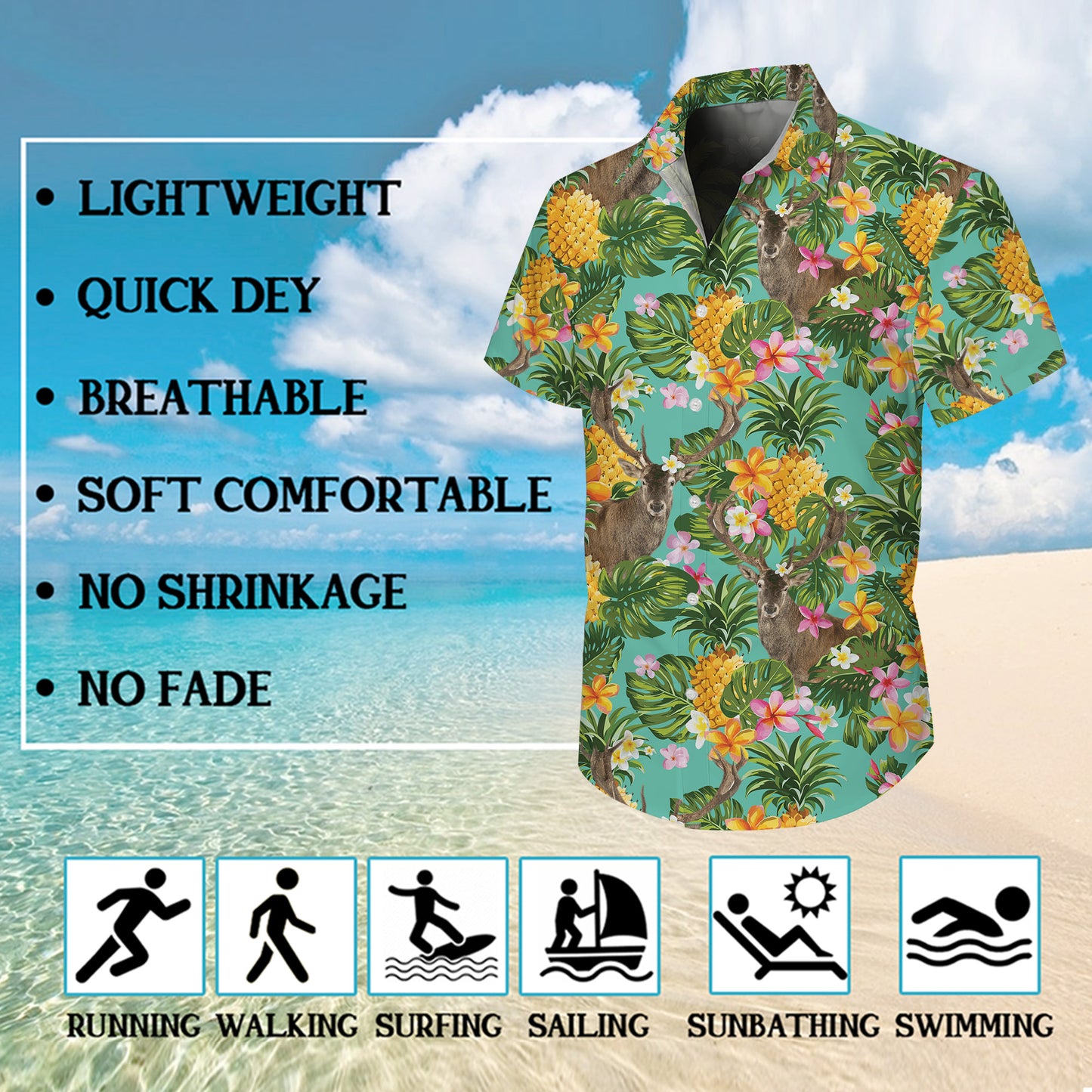 Tropical Deer Pineapple & Palm Leaves Floral Pattern Hawaiian Shirt Men Women