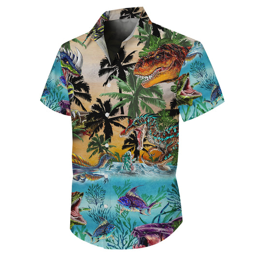 Dinosaur T-Rex & Ocean Sea Life Tropical Palm Trees Pattern Hawaiian Shirt Men