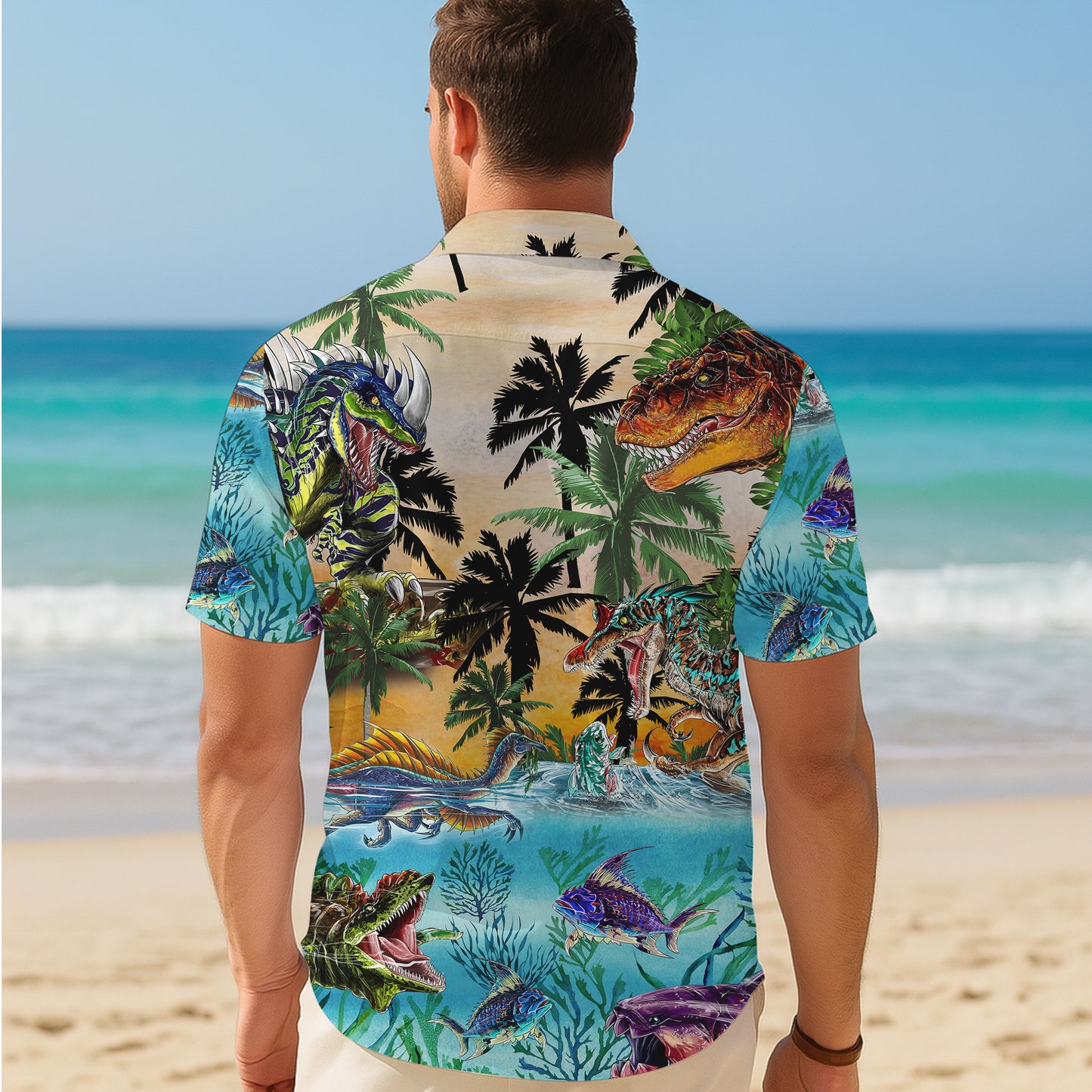 Dinosaur T-Rex & Ocean Sea Life Tropical Palm Trees Pattern Hawaiian Shirt Men