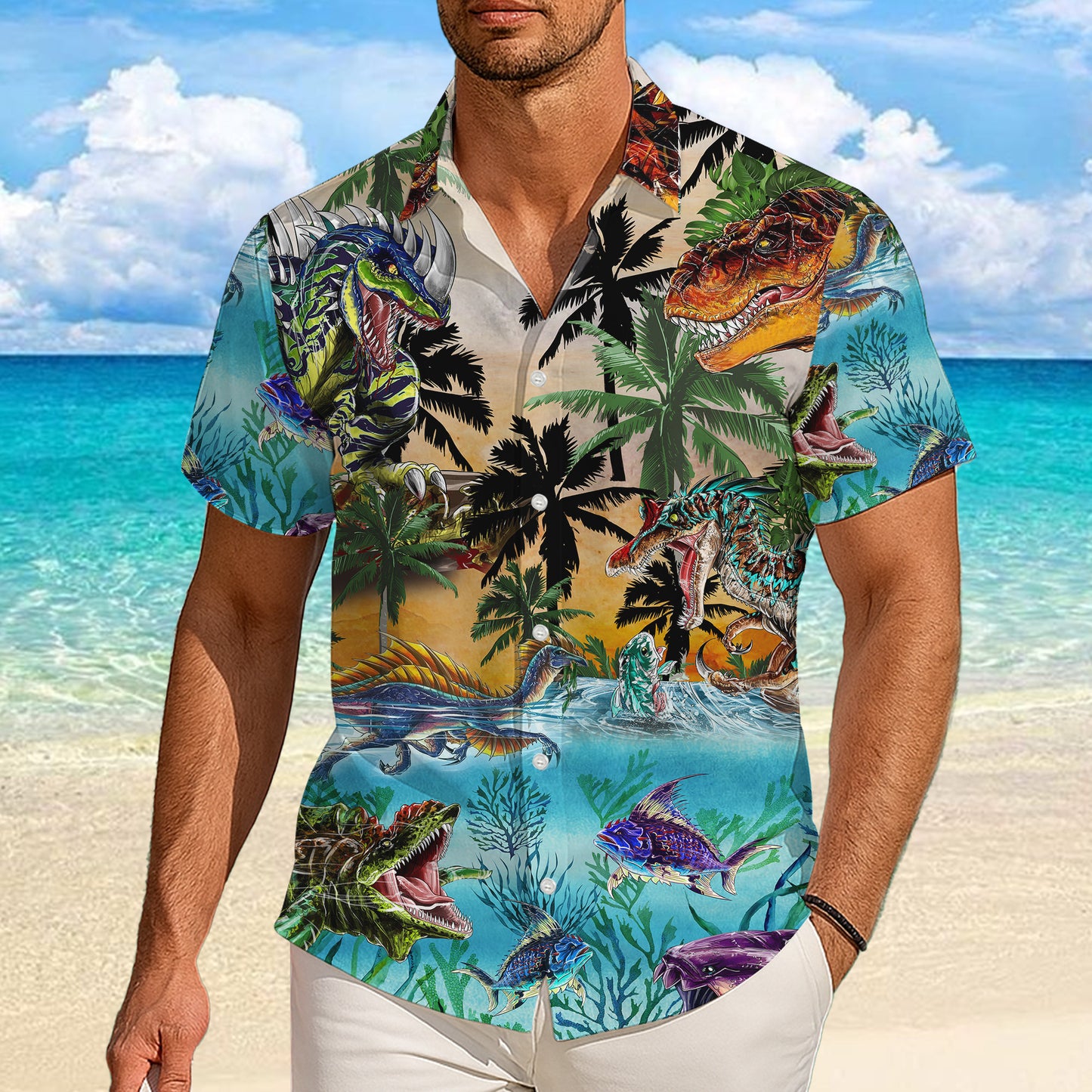 Dinosaur T-Rex & Ocean Sea Life Tropical Palm Trees Pattern Hawaiian Shirt Men