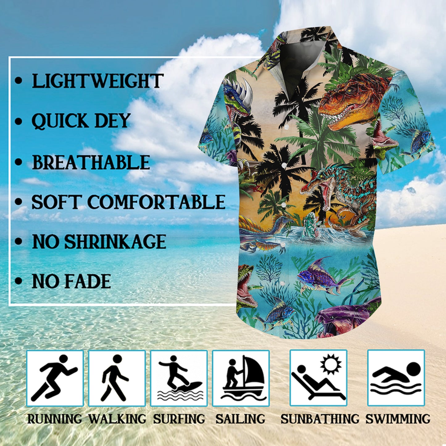 Dinosaur T-Rex & Ocean Sea Life Tropical Palm Trees Pattern Hawaiian Shirt Men
