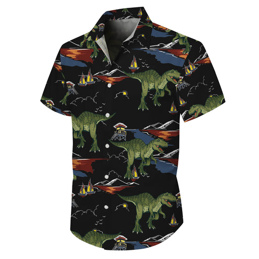 Vintage Sunset Dinosaur & Ocean Pattern Hawaiian Shirt Men Women Casual Aloha